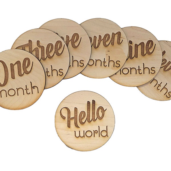 Baby Milestone Discs Photo Props ~ Laser Engraved all natural Double Sided Wooden Discs ~ Pack of 7 ~ Made in USA