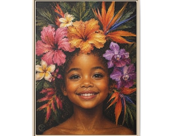 Botanical Portrait Canvas Art | Girl with Tropical Flower Crown, Joyful Child Wall Decor