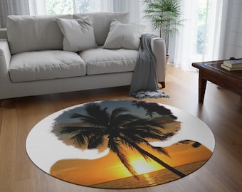 Tropical Palm Sunset Round Rug | Beach Sunset Circle Rug TC LUXE