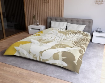 Tropical Palm Leaves Duvet Cover | Botanical Bedding, Neutral Yellow Beige