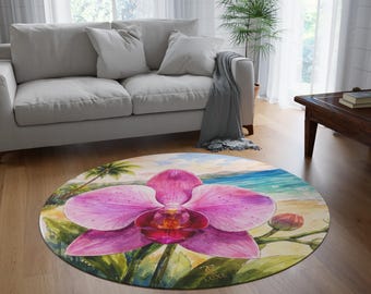 Pink Orchid on the Beach Round Rug | Tropical Floral Coastal Decor TC LUXE