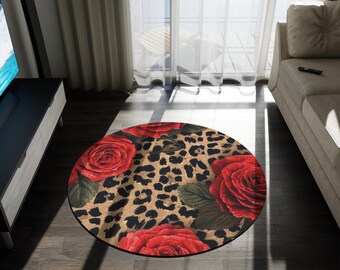 Red Rose Leopard Print Round Rug | Floral Animal Print Round Rug TC LUXE