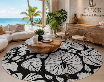 Monstera and Tropical Leaves Round Rug | TC LUXE Black White Botanical Floor Mat