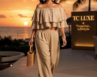 Top corto elegante con volantes y hombros descubiertos / Pantalones de pierna ancha / Ropa de playa / Moda tropical / TC LUXE (M)