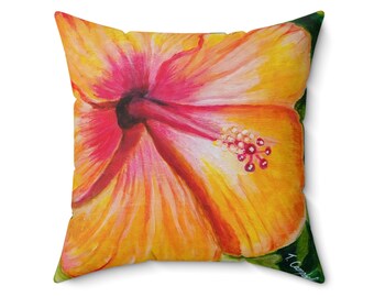 Yellow Hibiscus Flower Pillow | Tropical Floral Decorative Pillow