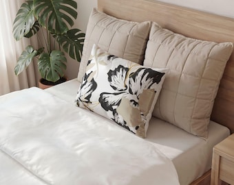 Monochrome Floral Pillow Sham | Black Beige Botanical Pattern