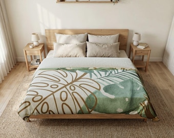 Tropical Monstera Leaves Cotton Duvet Cover | Botanical Leaf Bedding TC LUXE