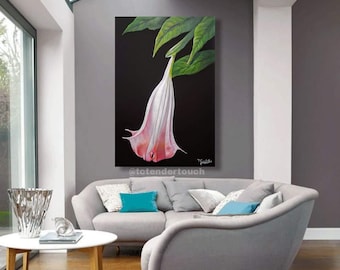 White & Pink Lily Flower Matte Canvas Framed | TC Campbell Floral Wall Art | Angel Trumpet