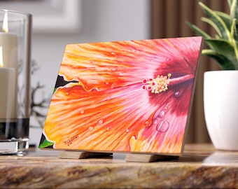 Orange Hibiscus Blossom Ceramic Photo Tile | Floral Wall Art