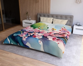Floral Comforter Cherry Blossom Duvet Cover, Bedding Set, Japanese Style Blanket, Decorative Quilt Cover