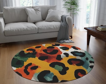 Colorful Watercolor Leopard Print Round Rug | TC LUXE Modern Animal Pattern