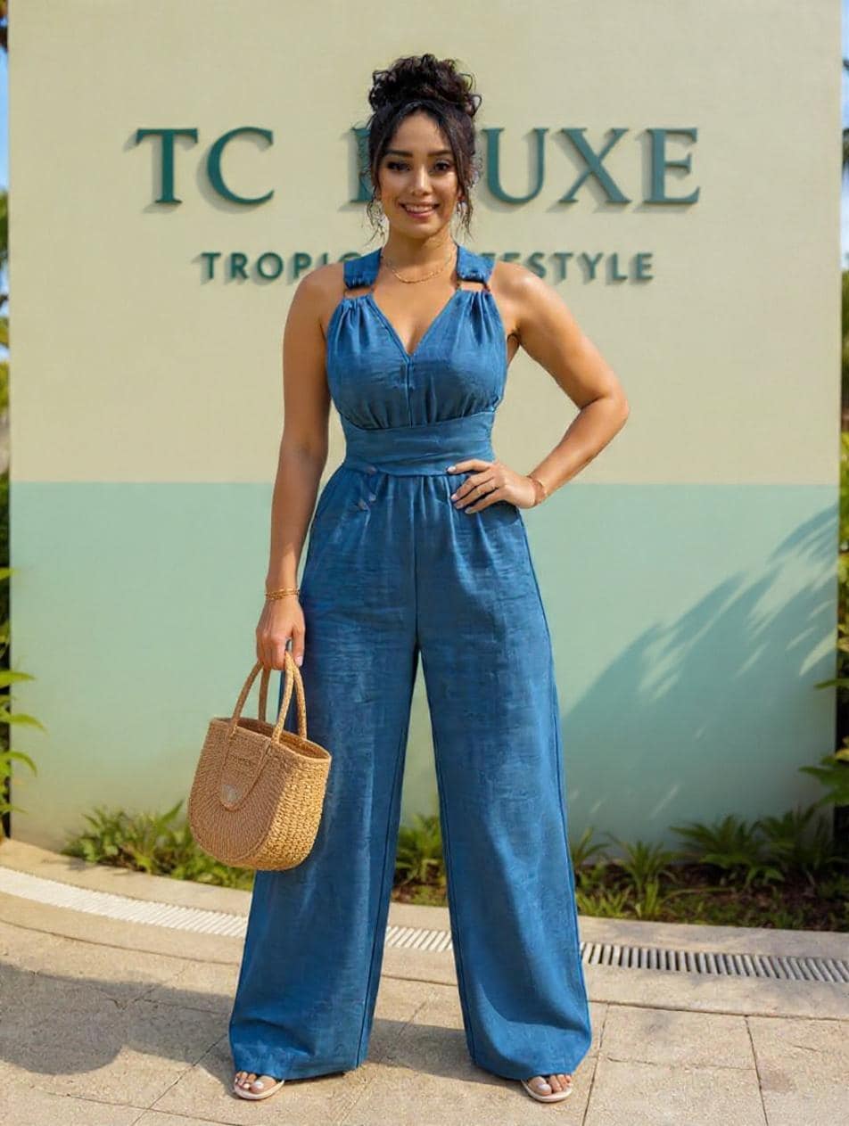 Wide-leg Jumpsuit – Peacock Blue, Sage Green, Apricot, Cross Strap