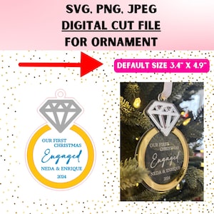 May include: A gold and white Christmas bauble featuring a diamond ring design. The bauble reads "Our First Christmas Engaged Neda & Enrique 2024". The bauble measures 3.4 inches by 4.9 inches.