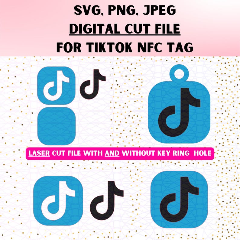 K&ouml;nnte beinhalten: Digitale Schnittmuster-Designs mit dem TikTok-Logo in verschiedenen Formen. Die Designs beinhalten das Logo in einem Quadrat und einem abgerundeten Quadrat, mit und ohne Schl&uuml;sselringloch. Text enth&auml;lt "SVG, PNG, JPEG DIGITAL CUT FILE FOR TIKTOK NFC TAG".
