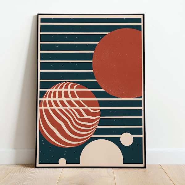 Retro Planets Art Print, Red Planet, Modern Wall Art Decor, Geometric, Mid Century Poster, Astronomy, Celestial, Space, Vintage, Black, Red