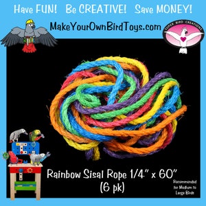 6pk Rainbow Sisal (1/4&quot; x 60&quot;) - Colorful Sisal Rope/Bird Toy Parts/Rabbit Toys/Homemade Bird Toys/DIY Bird Toys/Sugar Glider Toys/Bird Safe