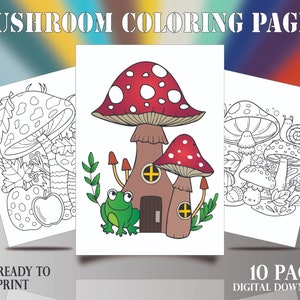 Mushroom Houses Coloring Page Book For kids Digital Download Grayscale Coloring Printable PDF Forestry Mushrooms Book Cover Nature Coloring