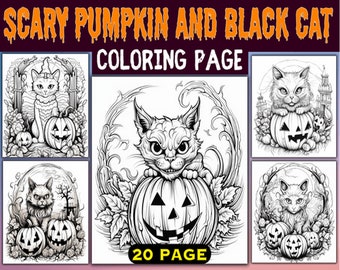 Citrouille effrayante et livre de chat noir, feuilles de coloriage fantasmagoriques pour adolescents et adultes, pages de coloriage en niveaux de gris, fichier PDF imprimable en téléchargement instantané