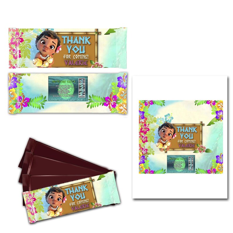 May include: A set of printable favor tags featuring a cartoon character from the animated movie Moana. The tags are decorated with tropical flowers and the text "Thank You for Coming! Valerie".