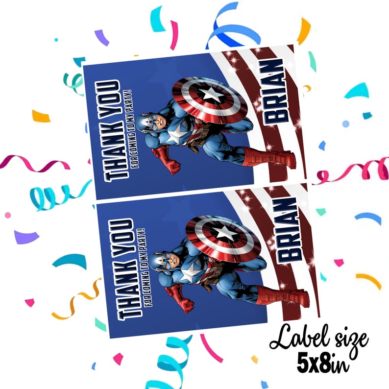 May include: Two blue and red thank you favor tags with a cartoon image of Captain America. The text on the tags reads "Thank You for coming to my party!" and "Brian". The tags are 5 inches by 8 inches.