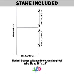 Peut inclure: Un support de signalisation en fil m&eacute;tallique blanc, mesurant 25,4 cm sur 38,1 cm. Le support est en acier galvanis&eacute; de calibre 9 et est r&eacute;sistant aux intemp&eacute;ries. Il comprend un piquet pour une installation facile. "STAKE INCLUDED" est imprim&eacute; en haut de l'image.