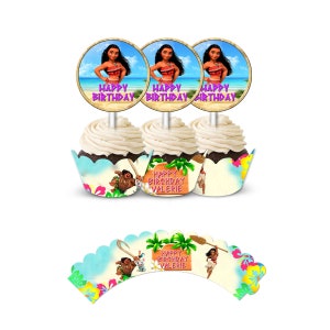 Emballage et décoration pour cupcakes Moana pour décoration de fête d&#39;anniversaire - Lot de 12