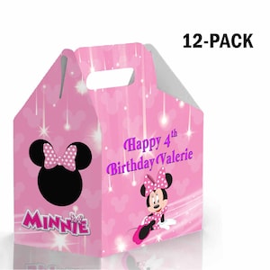Boîte rose bonbon à pignon Minnie Mouse pour cadeaux d'anniversaire, lot de 12 - 4,4 x 4,5 pouces
