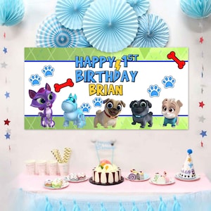 Hündchen Pals Geburtstagsbanner Wetterfestes Vinyl für Party Decor | Kundenspezifisches draußenes Schild mit Gummitüllen 20x40in