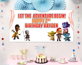 Bannière d'anniversaire Star Wars Young Jedi en vinyle résistant aux intempéries pour décoration de fête | Enseigne extérieure personnalisée avec oeillets 20 x 40 po