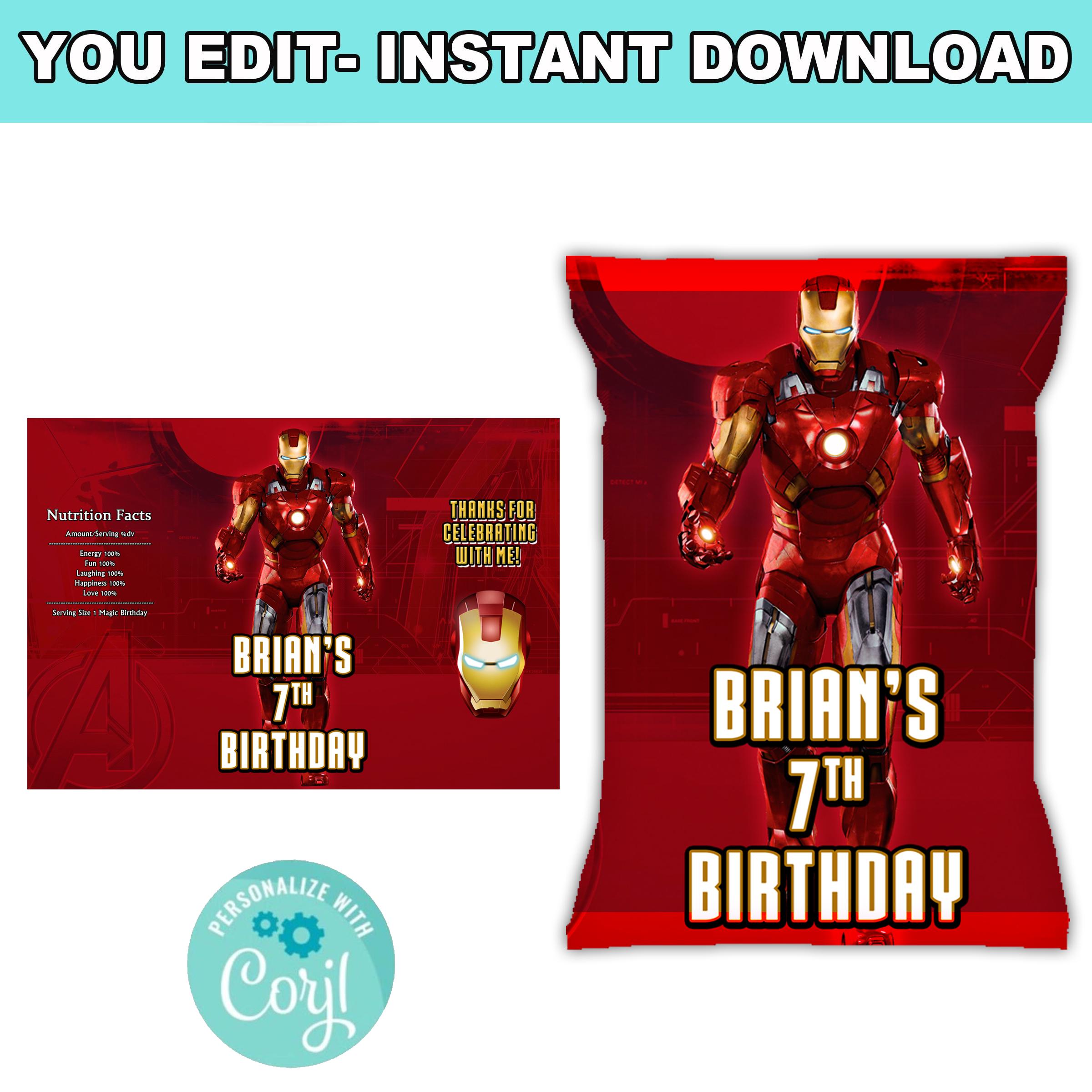 Digital Chip Bag Labels Instant Download Corjl Self-Editable Custom Birthday Party Favors Iron Man Avengers Superhero