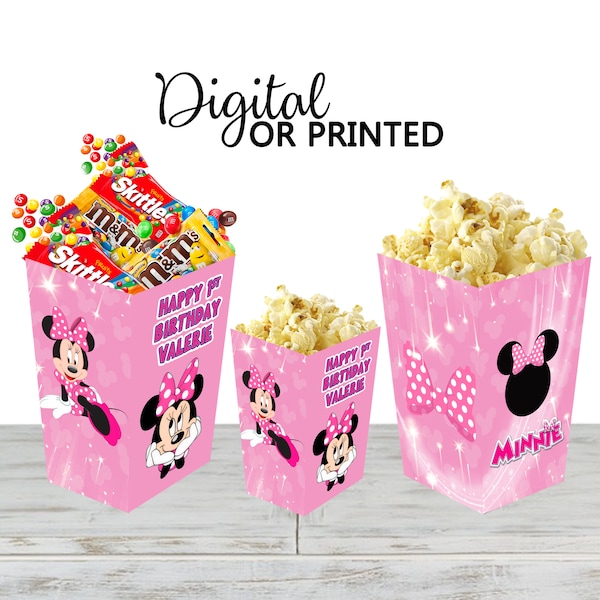 Minnie Mouse Pink Popcorn Box for Birthday Party Candy Snack Favor - Digital and physical Options