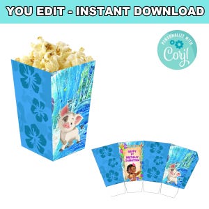 May include: A blue popcorn box with a floral design and a cartoon pig illustration. The box is filled with popcorn and has the text "YOU EDIT - INSTANT DOWNLOAD". Additional folded box pieces are also shown.