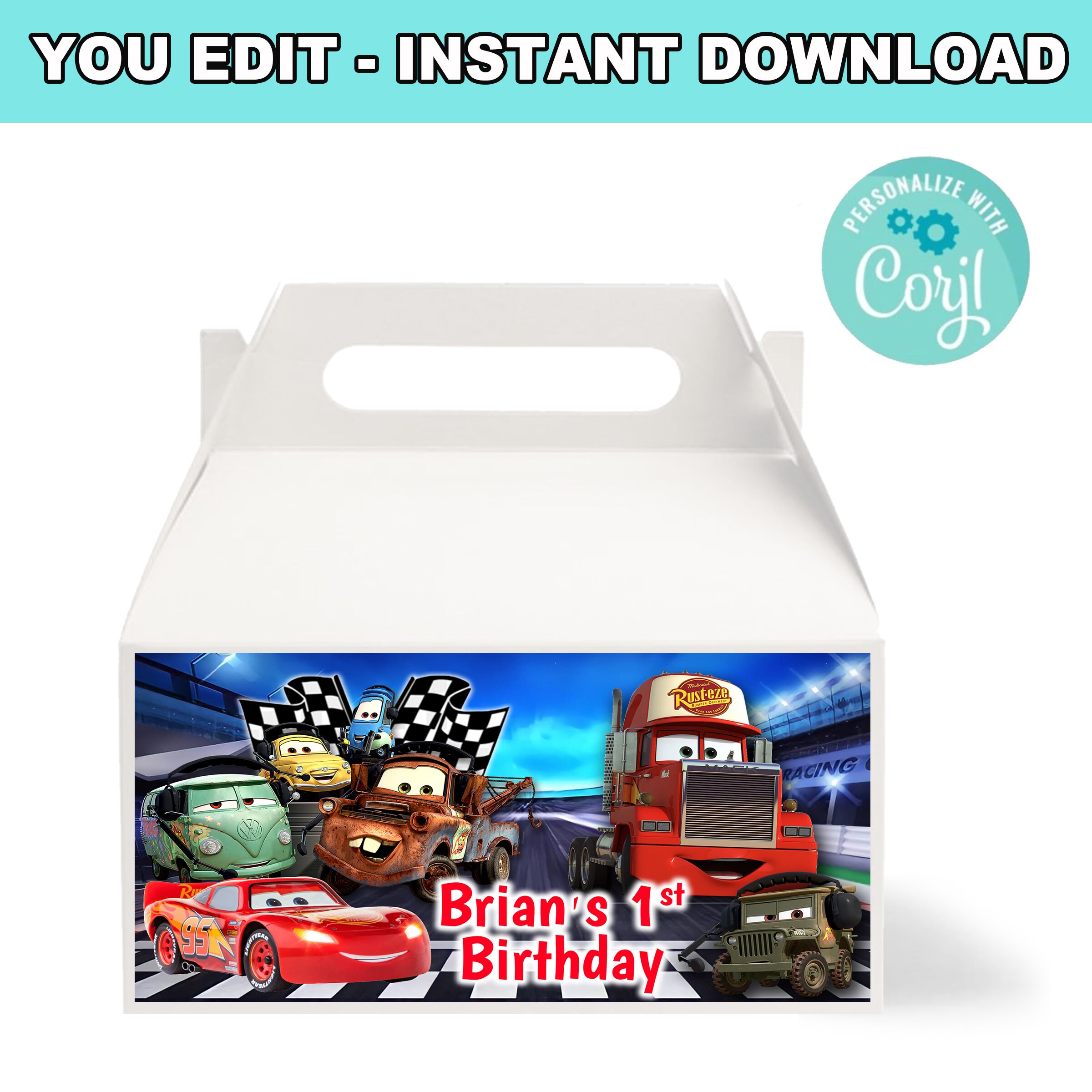 Cars Gable Box Label | Self-Editing | Instant Download
