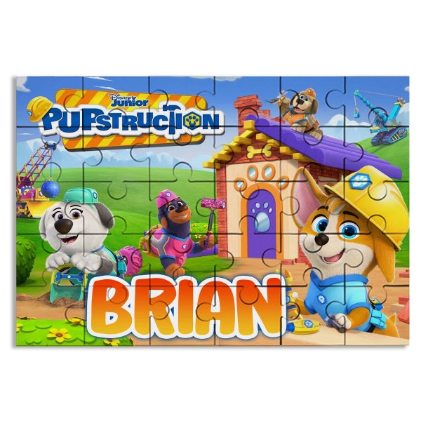Pupstruction Puzzle with Name Kids Jigsaw Gift Son Daughter Birthday | 30pcs 7.5x9.5in
