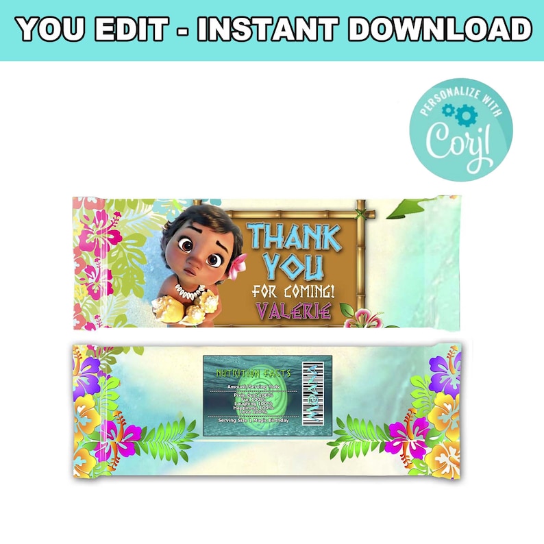 May include: A printable thank you favor bag design featuring a cartoon baby Moana from Disney's Moana movie. The bag has a tropical floral design with a light blue background and a brown wooden sign that says "Thank You for Coming! Valerie".