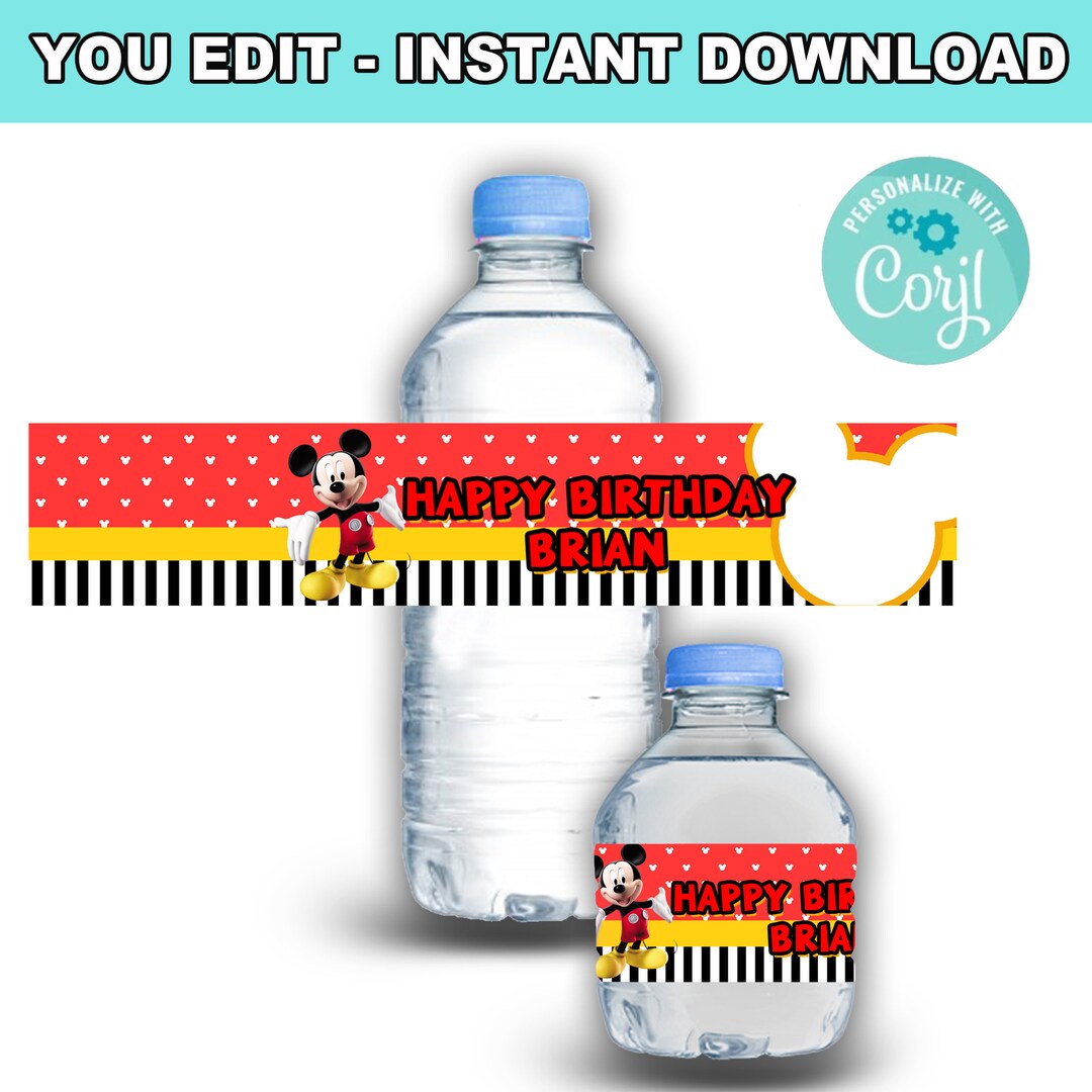 Mickey Mouse Water Bottle Labels | Self-editable Instant Digital ...