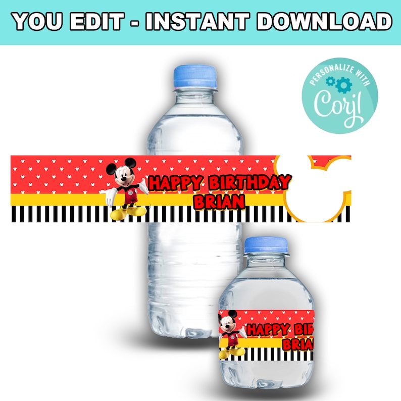 K&ouml;nnte beinhalten: Druckbare Wasserflaschenetiketten mit Mickey Mouse. Die Etiketten sind rot, gelb und schwarz mit wei&szlig;en Herzen und dem Text "Happy Birthday Brian".