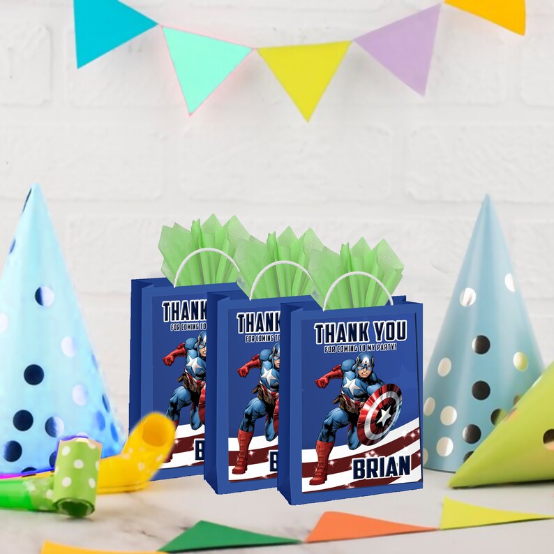 May include: Three blue gift bags with green tissue paper inside. Each bag features a cartoon image of Captain America and the text "Thank You for coming to my party". The bag on the right has the name "Brian" printed on it.