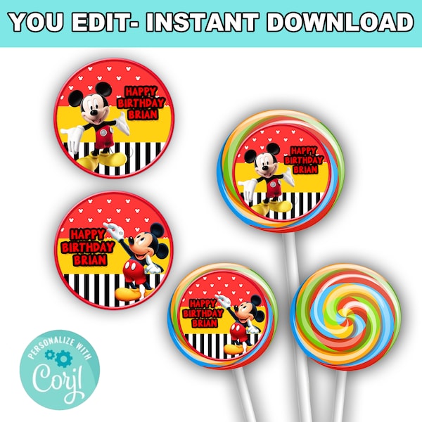 Mickey Mouse Round Stickers | Instant Download | Editable with Corjl | Perfect for Lollipops & Party Decor