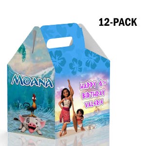 May include: A 12-pack of Moana-themed party favor boxes. The boxes are blue with a floral pattern and feature Moana and Maui from the Disney movie. The boxes say "Happy 6th Birthday Valerie".