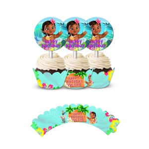 Embrulho e topper de cupcake Baby Moana para decoração de festa de aniversário - pacote com 12