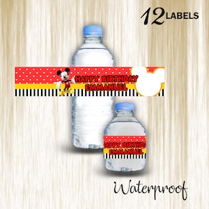 May include: Water bottle labels featuring Mickey Mouse with the text "Happy Birthday Emmanuel" in red, yellow and black. The labels are waterproof and come in a pack of 12.