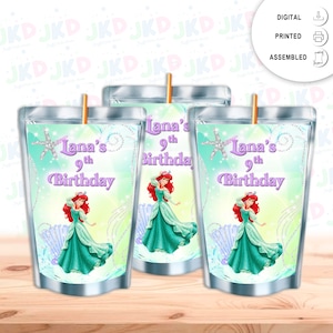 The little Mermaid  #Ariel Juice Pouch Label Sticker or Complete Custom Juice Pouches for Kids Birthday Party Favor Decor