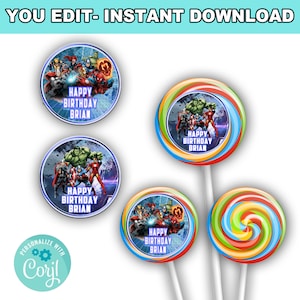 Avengers Round Stickers | Instant Download | Editable with Corjl | Perfect for Lollipops & Party Decor