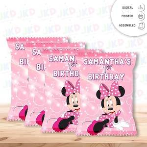 Minnie Mouse Pink Chip Bags Label for Kids Birthday Party Favor Decor, Stickers or Finished Options