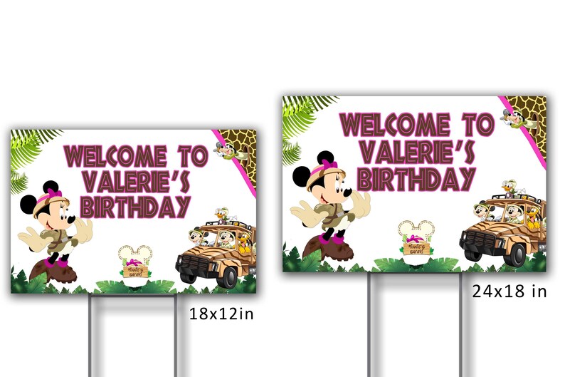 Peut inclure: Deux panneaux de bienvenue pour une f&ecirc;te d'anniversaire. Les panneaux sont blancs avec du texte rose et marron. Le texte dit "Bienvenue &agrave; l'anniversaire de Val&eacute;rie". Les panneaux pr&eacute;sentent une image de dessin anim&eacute; de Minnie Mouse v&ecirc;tue d'un costume de safari. Les panneaux mesurent 18x12 pouces et 24x18 pouces.