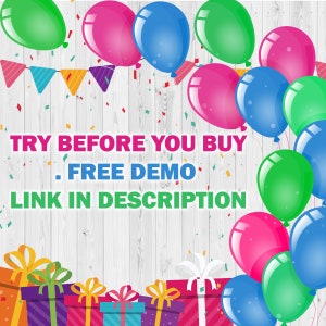K&ouml;nnte beinhalten: Ein wei&szlig;er Holzgrund mit bunten Luftballons und Konfetti. Der Text "TRY BEFORE YOU BUY . FREE DEMO LINK IN DESCRIPTION" ist in schwarzen Buchstaben geschrieben. Am unteren Rand des Bildes befinden sich auch bunt verpackte Geschenke.