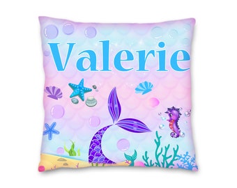 Mermaid Tail Pillow with Name Kids Cushion Room Decor Gift for Son Daughter Grandson Granddaughter- 16in insert included