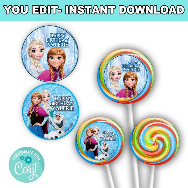 Frozen Round Stickers | Instant Download | Editable with Corjl | Perfect for Lollipops & Party Decor
