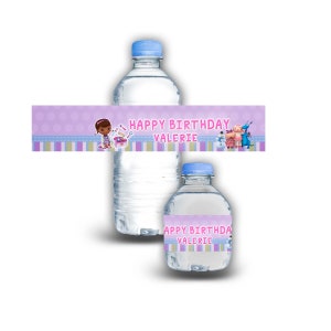 Doc McStuffins  Bottle Water Labels Waterproof Stickers for Kids Birthday Party Favor | 12-Pack Ideal for 16.9oz & 8 fl oz Bottles